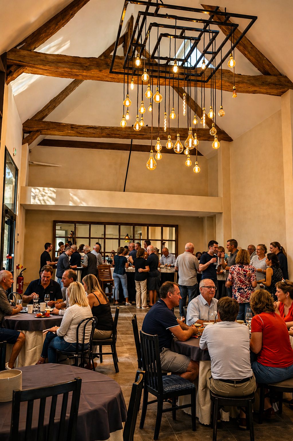 Salle de réception intérieure avec poutres et guirlandes