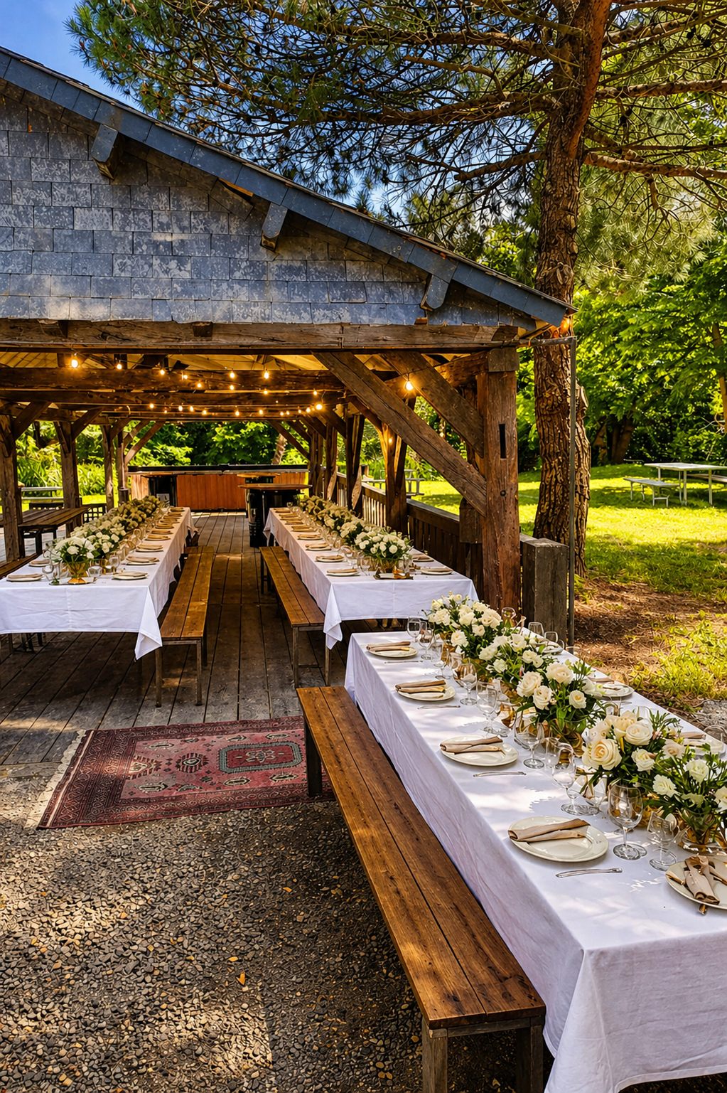 L'Orangeraie dressée pour un dîner de mariage, tables longues et guirlandes